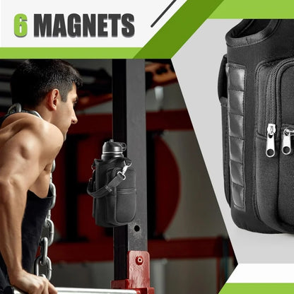 Magnetic Water Bottle Carrier with Phone Pocket and Shoulder Strap