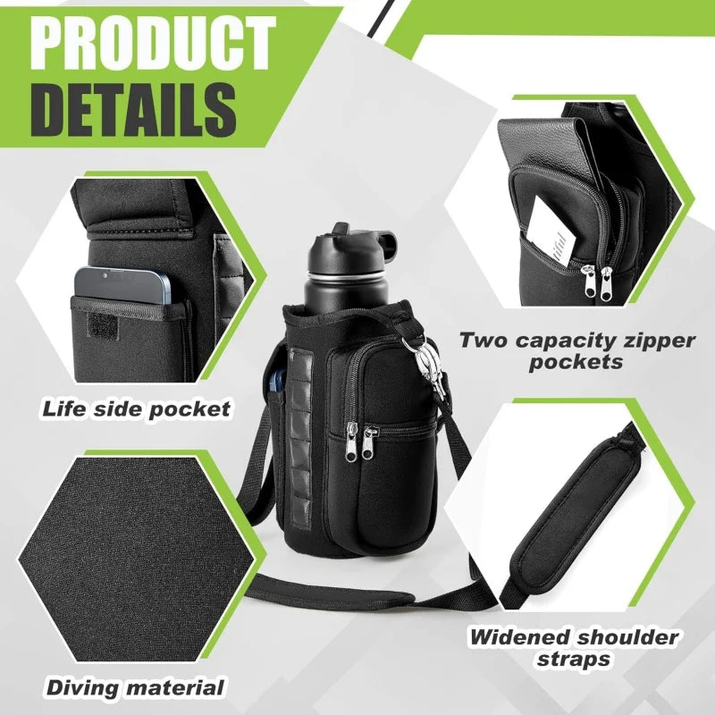Magnetic Water Bottle Carrier with Phone Pocket and Shoulder Strap